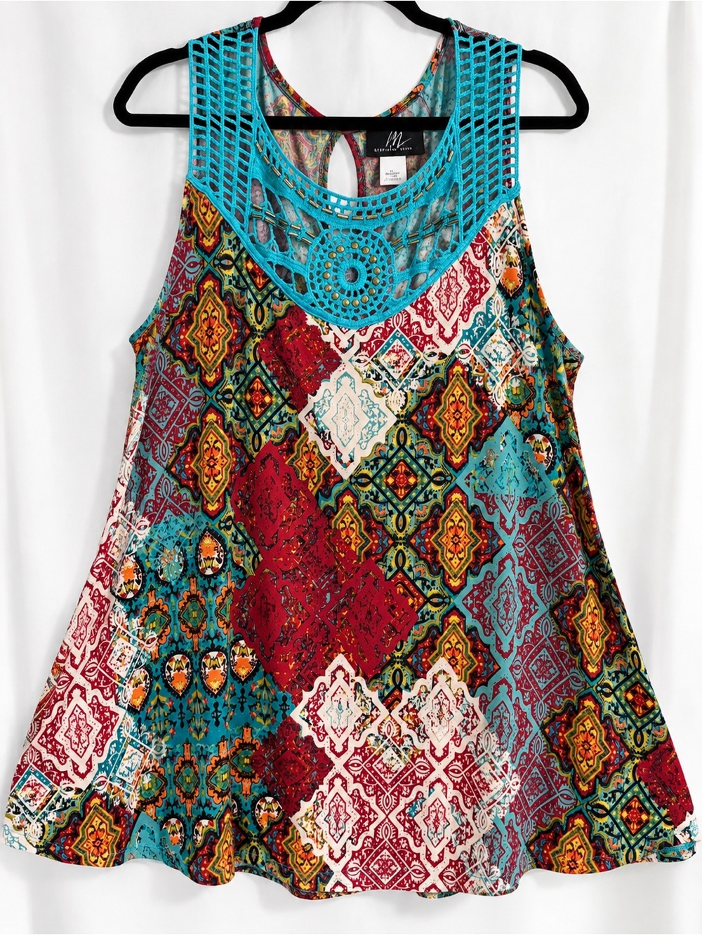 Midnight Velvet 2X Boho Multicolor Aztec Print Crochet Tank Top Tunic